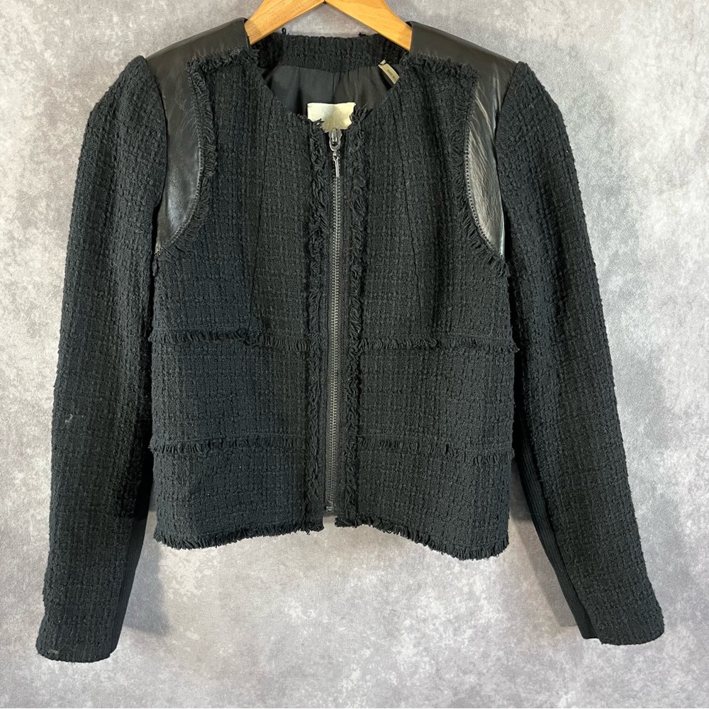 Rebecca Taylor Boucle Jacket Womens 2 Black Leather Trim Fringe Zip Tweed Blazer